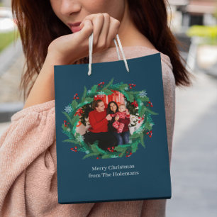 Sacola Para Presentes Média Coroa de Natal Personalizada com Foto da Família