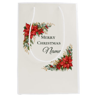 Sacola Para Presentes Média Coroa de Poinsettia de Natal com Nome Personalizad