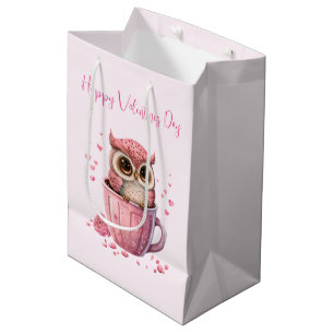 Sacola Para Presentes Média Coruja rosa-branca num Namorados de taça