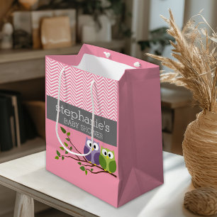 Sacola Para Presentes Média Corujas bonitas no Branch Baby Girl Chá rosa