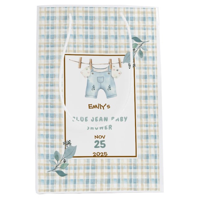 Sacola Para Presentes Média Country Gingham Blue Jean Chá de fraldas Bem-vindo (Frente)
