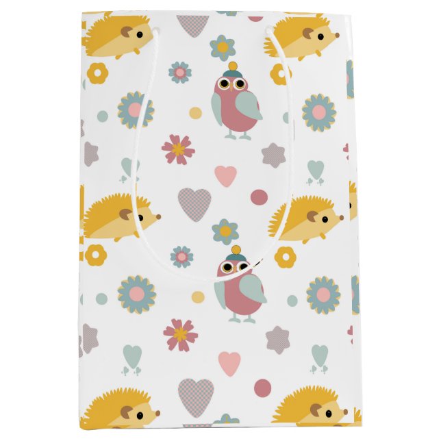 Sacola Para Presentes Média Couriço e padrão de aves (Frente)