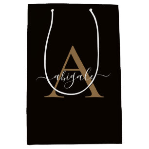 Sacola Para Presentes Média Couro Dourado Monogramado Preto Elegância Minima