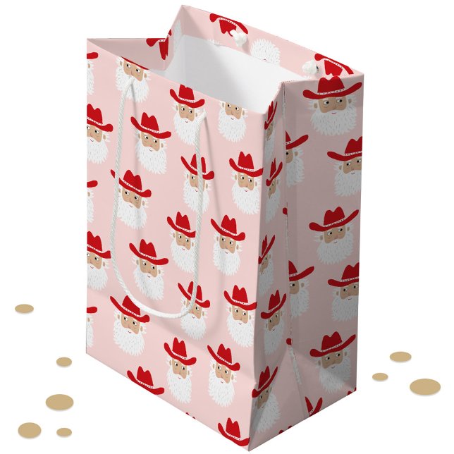 Sacola Para Presentes Média Cowboy Santa Claus Western Christmas Pink (Fun Cowboy Santa Claus Western themed Christmas Holiday gift bag)