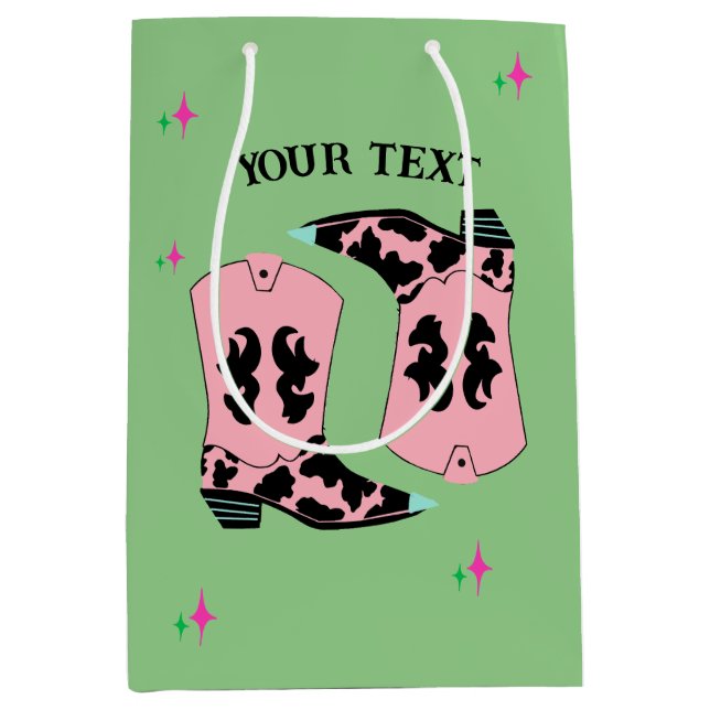 Sacola Para Presentes Média Cowgirl Rosa Boots Rodeo Verde (Frente)