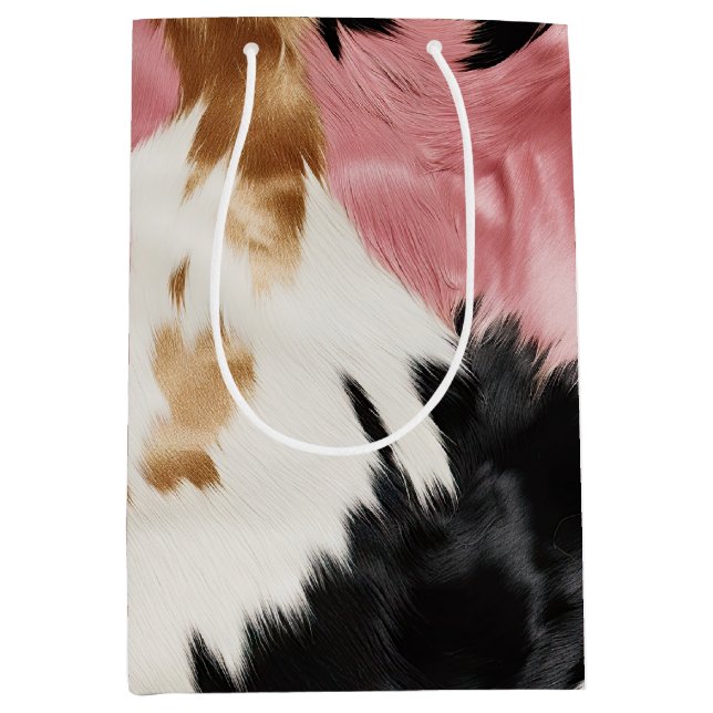 Sacola Para Presentes Média Cowhide Preto-Rosa-Rosa-Dourado (Frente)