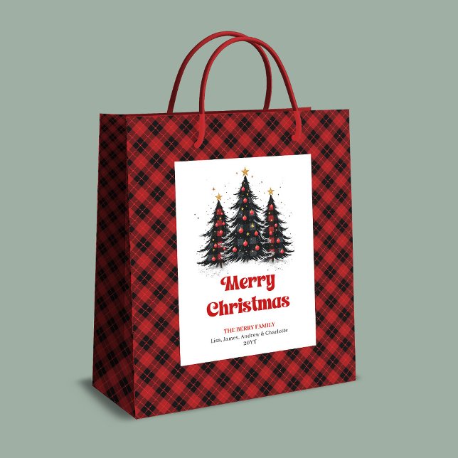 Sacola Para Presentes Média Cozy buffalo plaid Christmas bag with custom name (Cozy buffalo plaid Christmas bag with custom name)