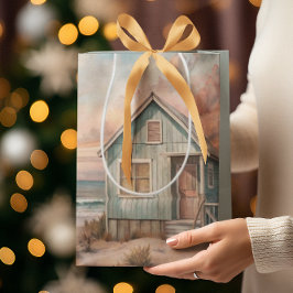 Sacola Para Presentes Média Cozy Coastage Cottage Beach House Watercolor