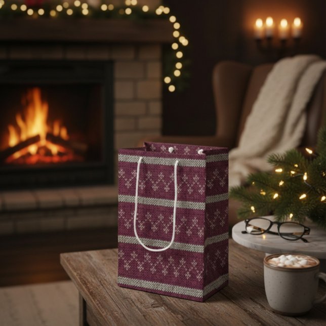Sacola Para Presentes Média Cozy Knitted Pattern Paper Gift Bag (Criador carregado)