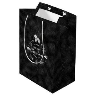 Sacola Para Presentes Média Crachá Natal Padrão de faixas pretas e brilhante