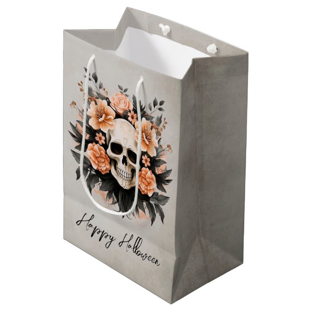 Sacola Para Presentes Média Crânio Floral Glam Personalizado Halloween (Frente inclinada)