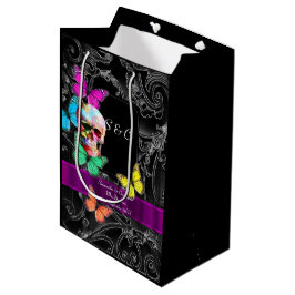 Sacola Para Presentes Média Crânio gótico e casamento personalizado negro