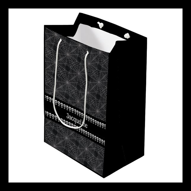 Sacola Para Presentes Média Cranio Gótico Preto Personalizado e Nome com Teia  (Criador carregado)