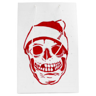 Sacola Para Presentes Média Crânio vermelho no chapéu do papai noel