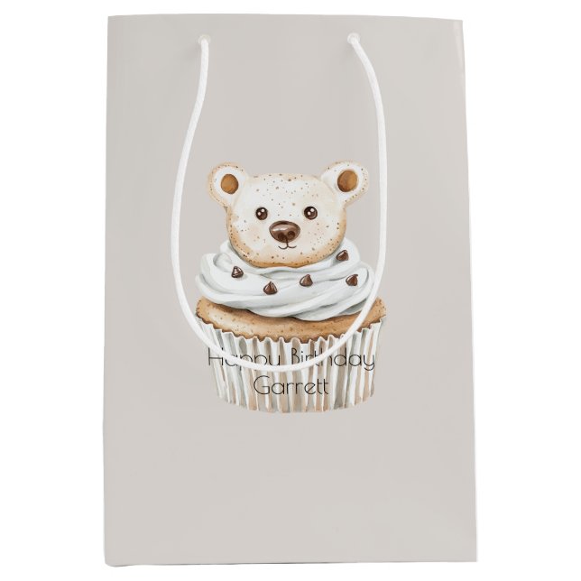Sacola Para Presentes Média Cream Cupcake Bears Birthday (Frente)