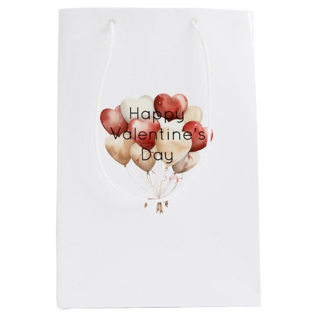 Sacola Para Presentes Média Cream Red Hearts Balloons Valentine's Day (Frente)