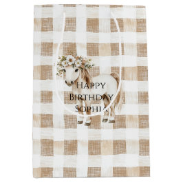 Sacola Para Presentes Média Cream White Plaid Stripes Horse Birthday