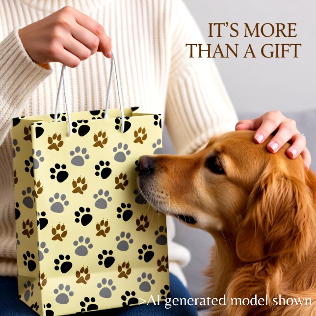 Sacola Para Presentes Média Creme para patas de cachorro elegante (Neutral Paw Print Pattern – Fun Dog Lover Paws Medium Gift Bag)