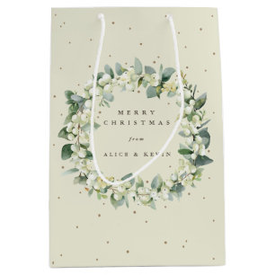 Sacola Para Presentes Média Creme Snowberry+Eucalipto Natal/Férias