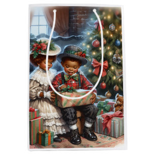 Sacola Para Presentes Média Crianças Vintage Abrindo Presentes De Natal