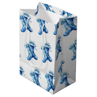 Sacola Para Presentes Média Crie Seus Próprios Meias de Natal em Aquarela Azul