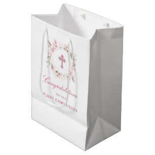 Sacola Para Presentes Média Cruz de Flor Rosa de Primeira Comunhão Editável