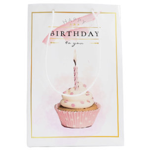 Sacola Para Presentes Média Cupcake de Aniversário Rosa com Lápis Na moda