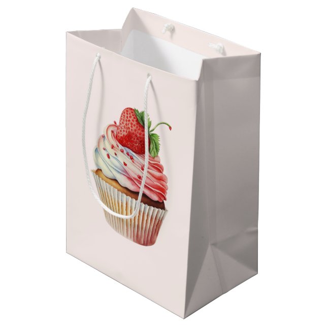 Sacola Para Presentes Média Cupcake de Morango Doce Sobremesa (Frente inclinada)