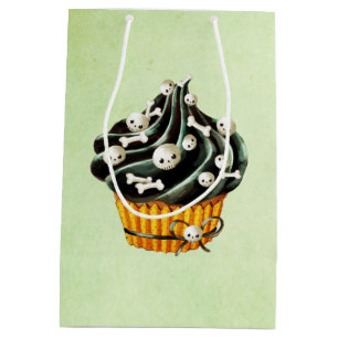 Sacola Para Presentes Média Cupcake preto do Dia das Bruxas com crânios