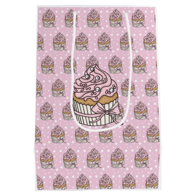 Sacola Para Presentes Média Cupcakes Rosa e Prata Bolinhas  (Verso)