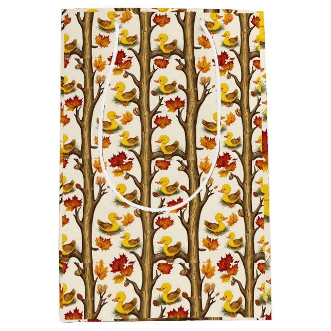 Sacola Para Presentes Média Curiosos Ducklings e Autumn Deixam o Design (Frente)