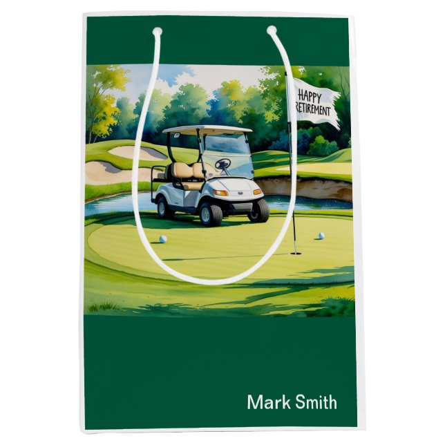 Sacola Para Presentes Média Curso de golfe com texto Feliz Reforma em Verde (Frente)