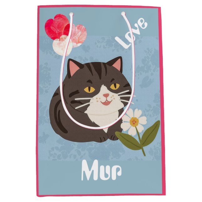 Sacola Para Presentes Média Custom Cute Gray Cat with Mur and Love (Frente)