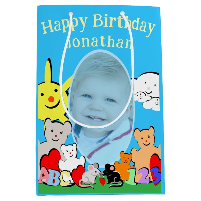 Sacola Para Presentes Média Custom Fun Cute Animals Birthday (Frente)