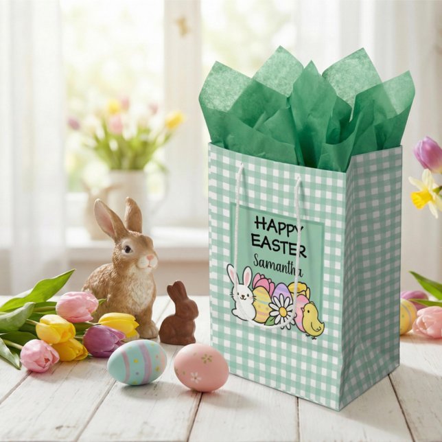 Sacola Para Presentes Média Custom Happy Easter Bunny Chick Green Gingham (Criador carregado)