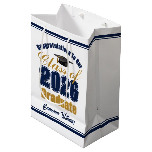 Sacola Para Presentes Média Custom Navy Blue Gold Class of 2026 Graduation (Frente inclinada)