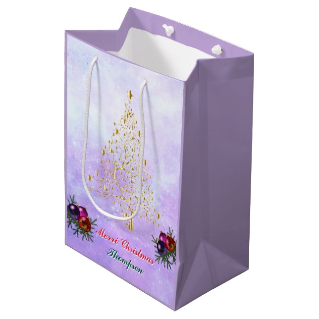 Sacola Para Presentes Média Custom Printed Holiday Gift Bag with Golden Tree  (Frente inclinada)