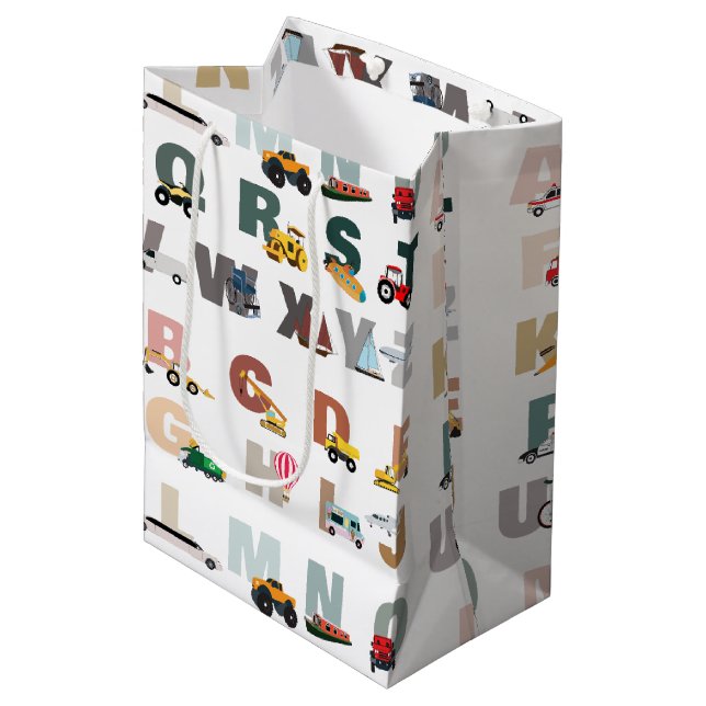 Sacola Para Presentes Média Cute Alphabet ABC Trucks, Veículos De Transporte (Frente inclinada)
