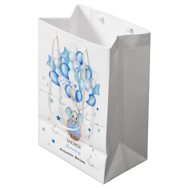 Sacola Para Presentes Média Cute Baby Elephant Balloons Basket Boy Baby Shower (Frente inclinada)