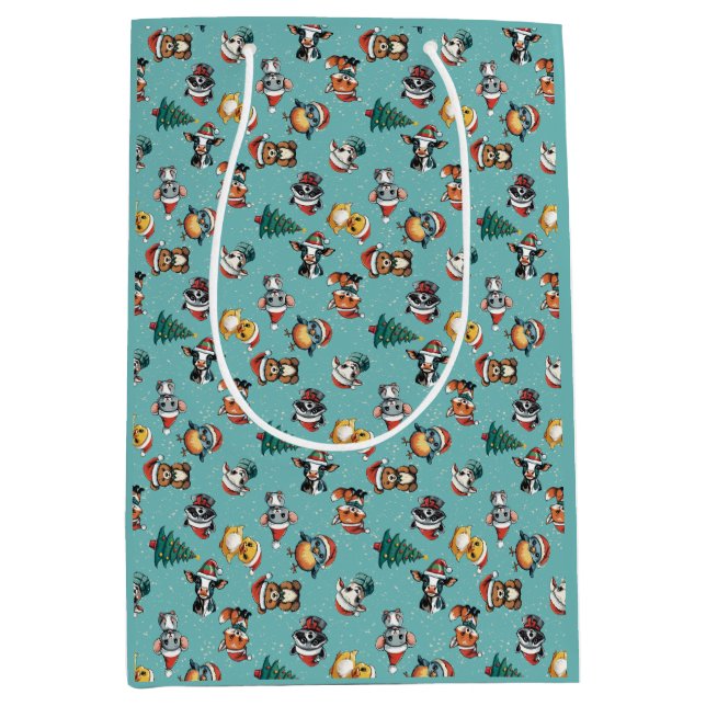 Sacola Para Presentes Média Cute Baby Santa Hat Animals (Frente)