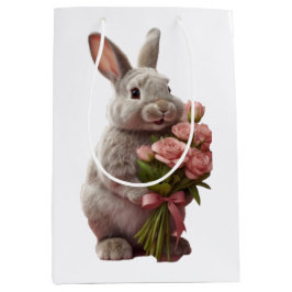 Sacola Para Presentes Média “Cute Bunny with Pink Roses” Adorable Art Design