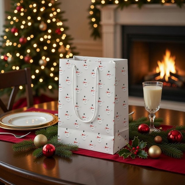 Sacola Para Presentes Média Cute Button Snowmen Grey Paper Gift Bag (Criador carregado)