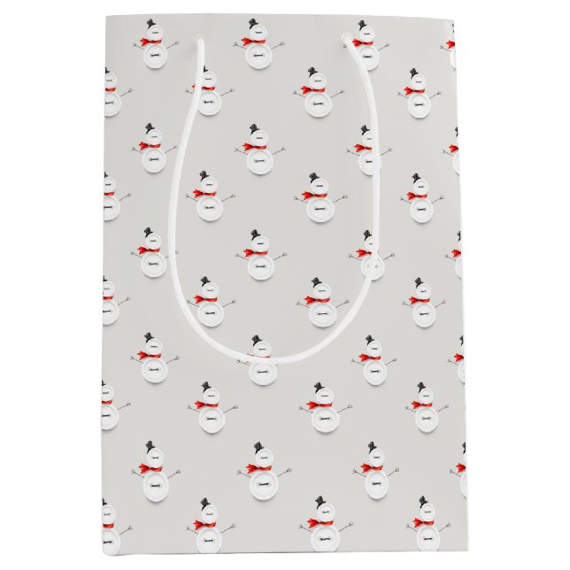Sacola Para Presentes Média Cute Button Snowmen Grey Paper Gift Bag (Frente)