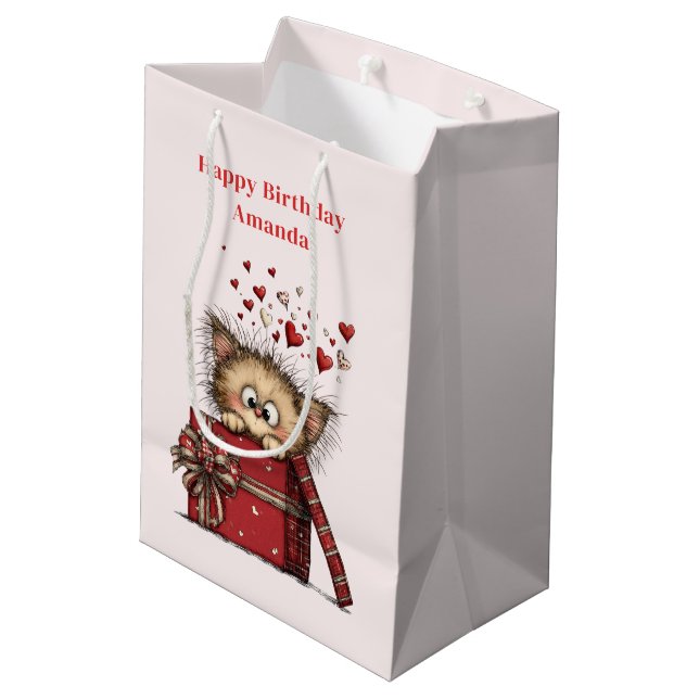 Sacola Para Presentes Média Cute Cartoon Kitten with Hearts Birthday (Verso inclinado)