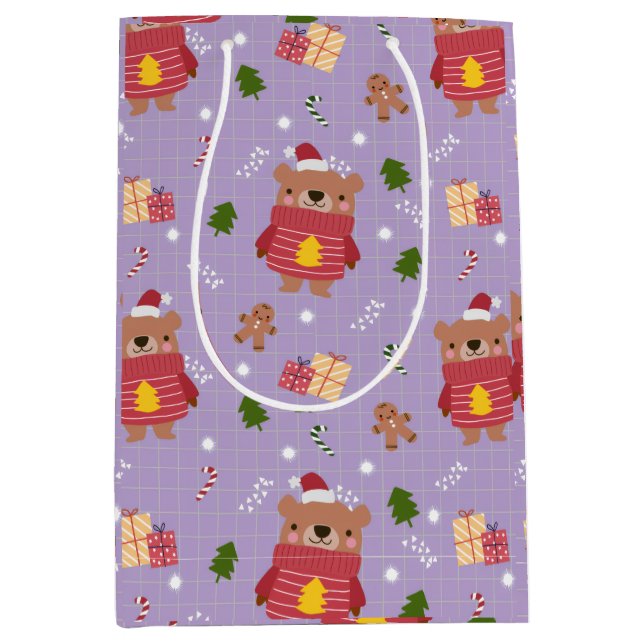 Sacola Para Presentes Média Cute Christmas Bear Pattern | Cozy Holiday Winter  (Frente)