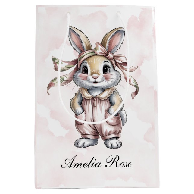 Sacola Para Presentes Média Cute Floral Bunny Girl Baby Shower  (Frente)