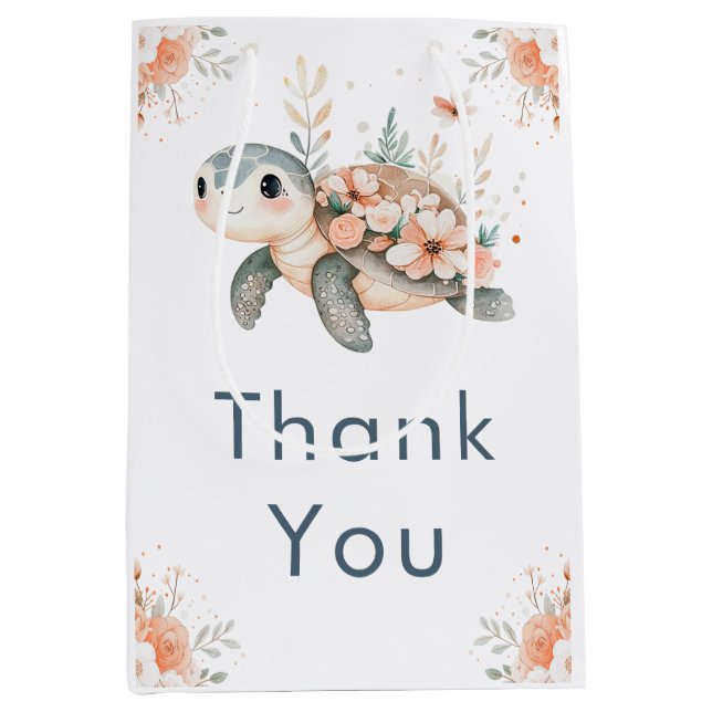 Sacola Para Presentes Média Cute Floral Turtle Baby Shower (Frente)