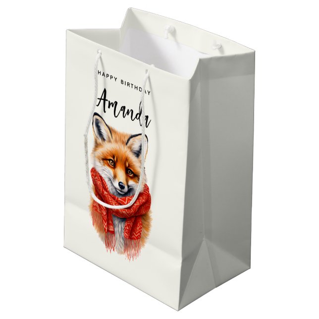 Sacola Para Presentes Média Cute Fox in a Red Scarf Autumn Image Birthday (Verso inclinado)