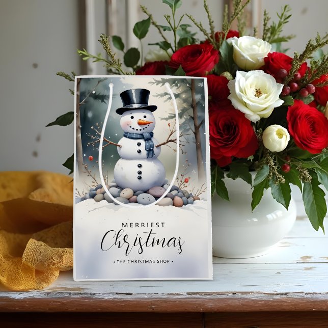 Sacola Para Presentes Média Cute Gorgeous Snowman Frosted Landscape Forest (Cute Gorgeous Snowman Frosted Landscape Forest Christmas Medium Gift Bags. )