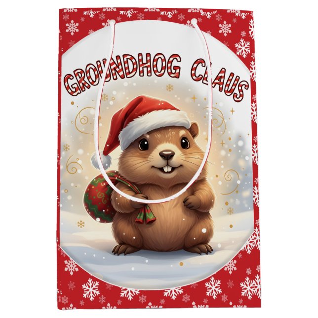 Sacola Para Presentes Média Cute Groundhog Claus Funny Groundhog Christmas (Frente)